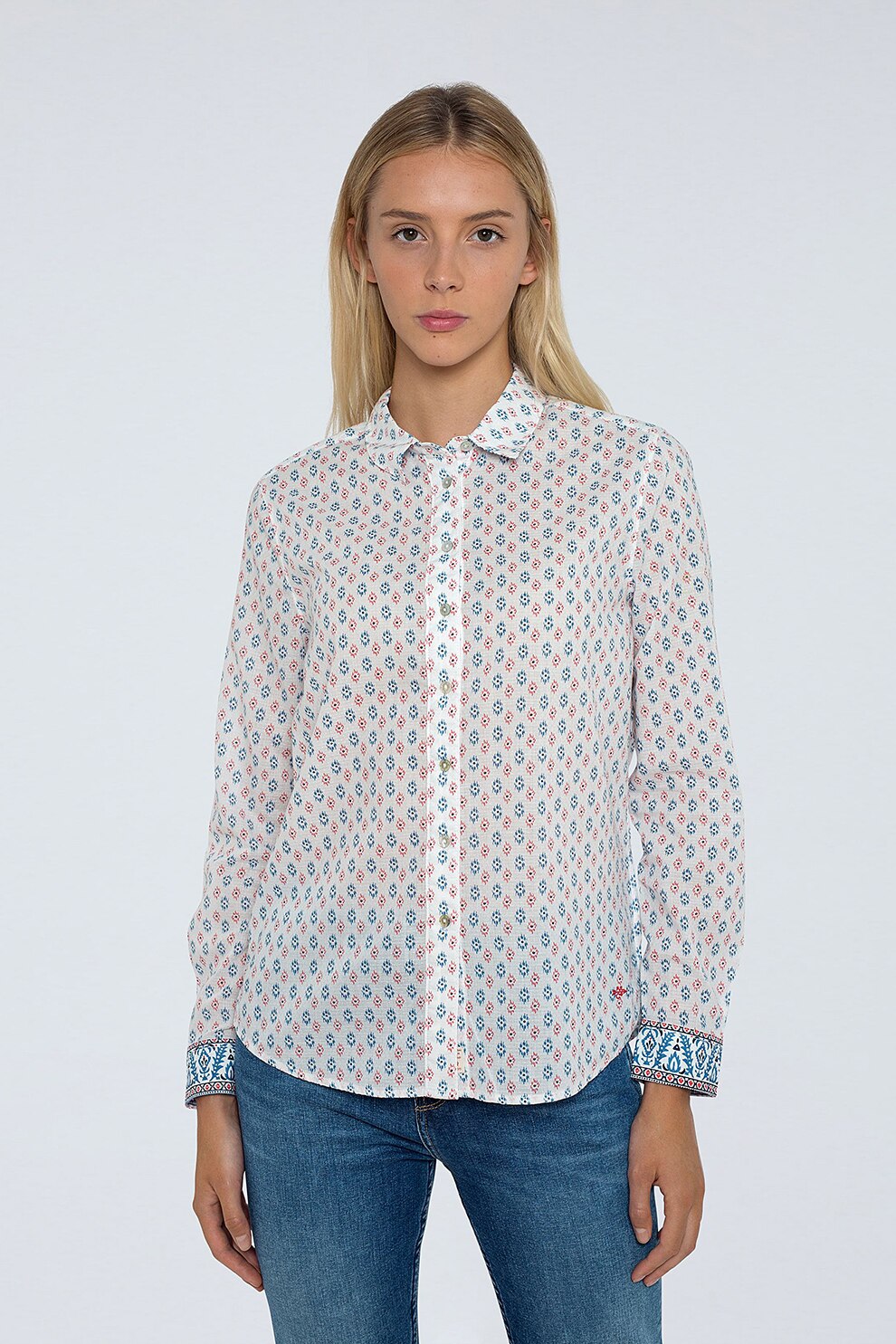 Pepe Jeans London, Camasa cu imprimeu si guler clasic, Alb optic/rosu/albastru