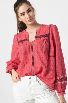 Pepe Jeans London, Bluza cu imprimeu si guler tunica, Rosu/Albastru indigo/Alb, XS Pepe Jeans London, Bluza cu imprimeu si guler tunica, Rosu/Albastru indigo/Alb, XS