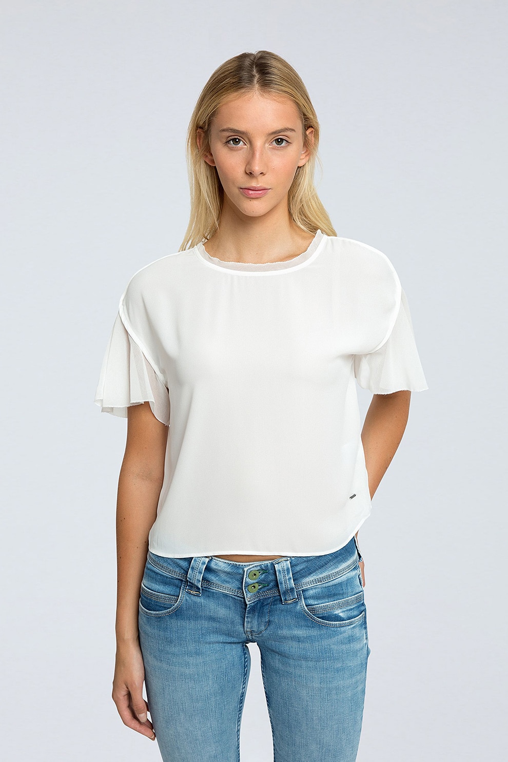 Pepe Jeans London, Bluza cu maneci evazate, Alb prafuit