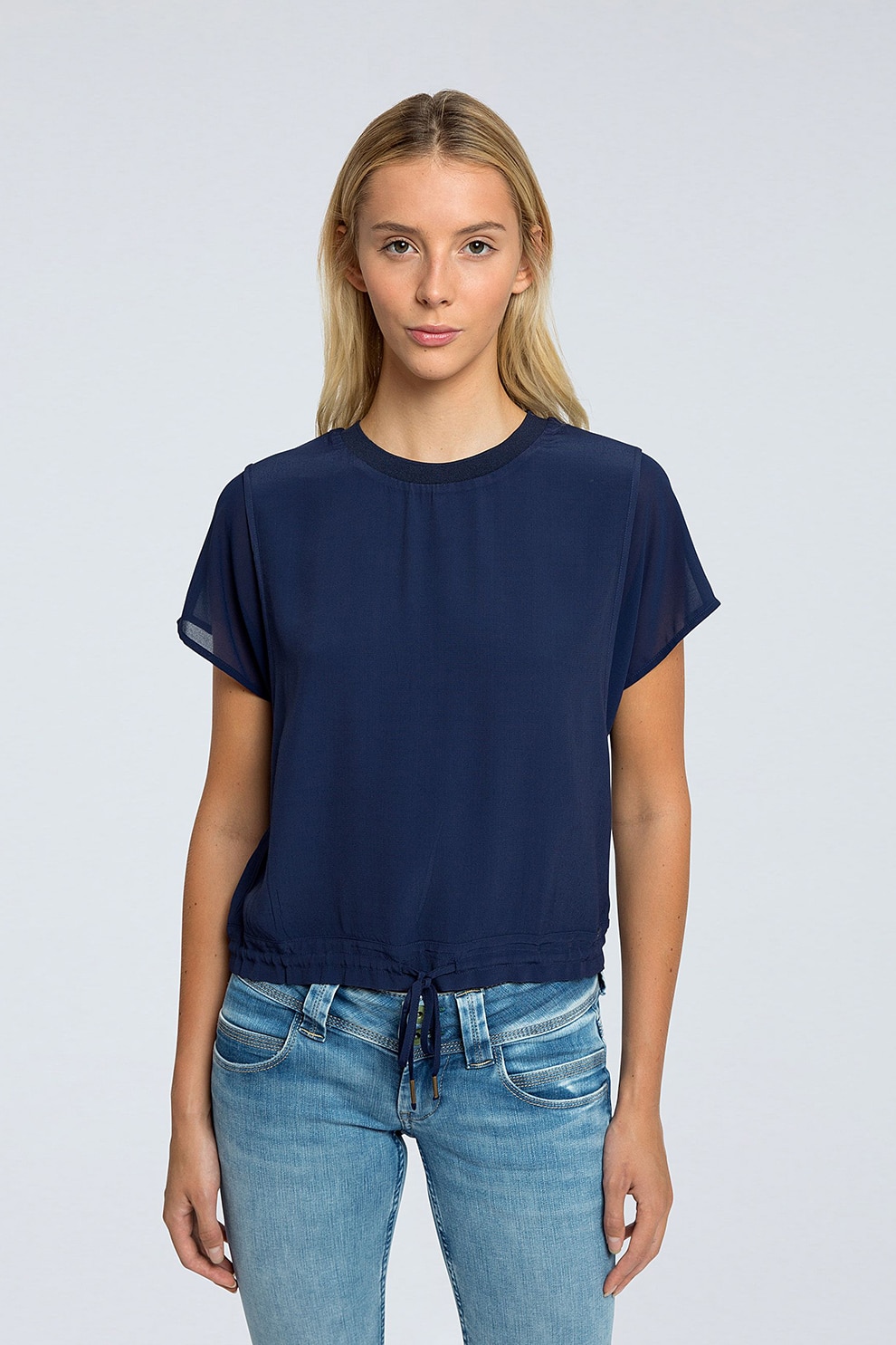 Pepe Jeans London, Bluza cu decolteu la baza gatului si terminatie ajustabila, Bleumarin