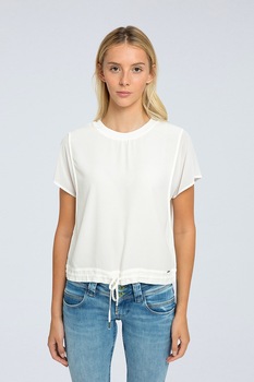 Pepe Jeans London, Bluza cu decolteu la baza gatului si terminatie ajustabila, Alb optic Pepe Jeans London, Bluza cu decolteu la baza gatului si terminatie ajustabila, Alb optic