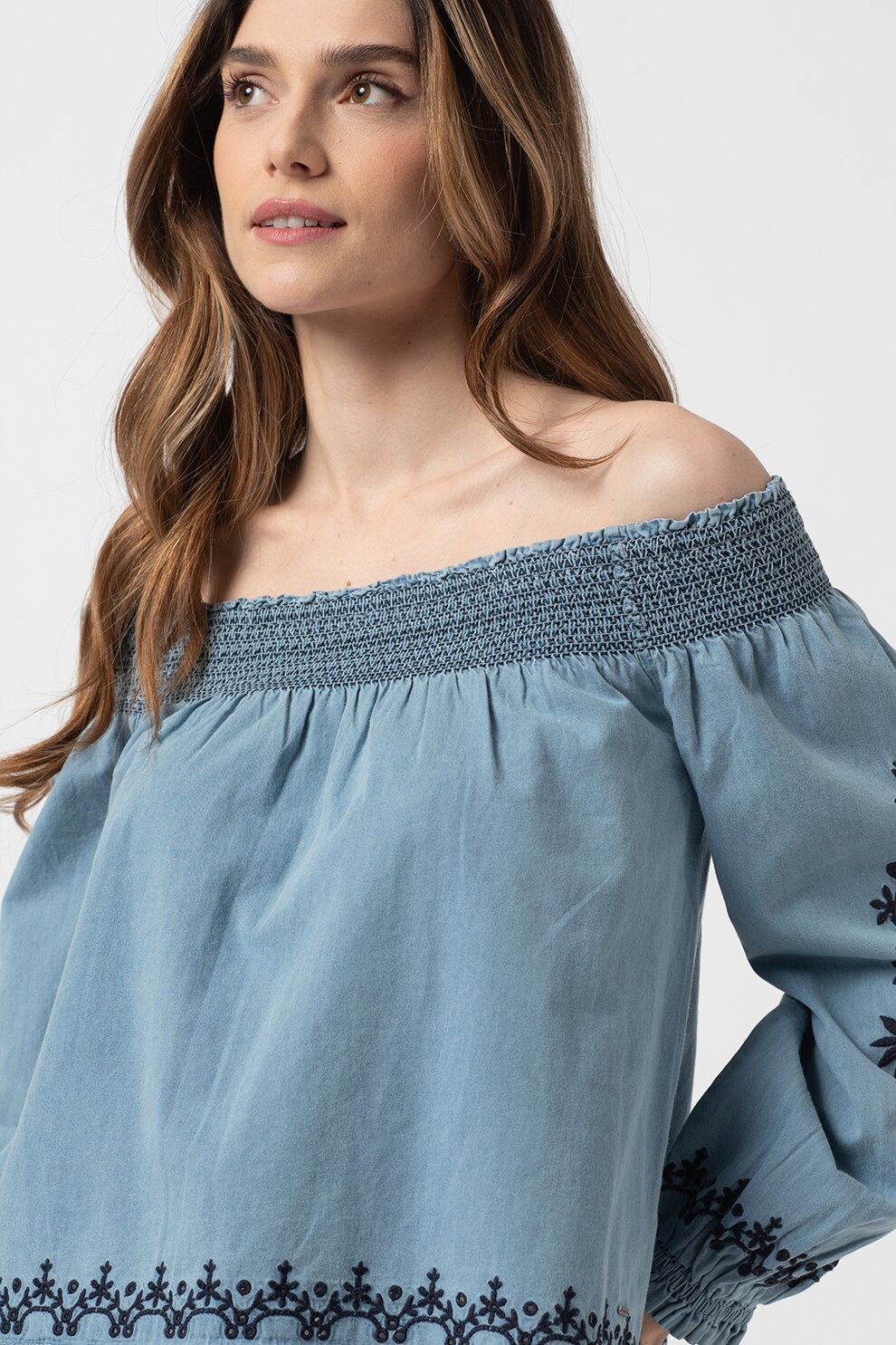Pepe Jeans London, Bluza cu decolteu pe umar si mansete elastice, Albastru prafuit