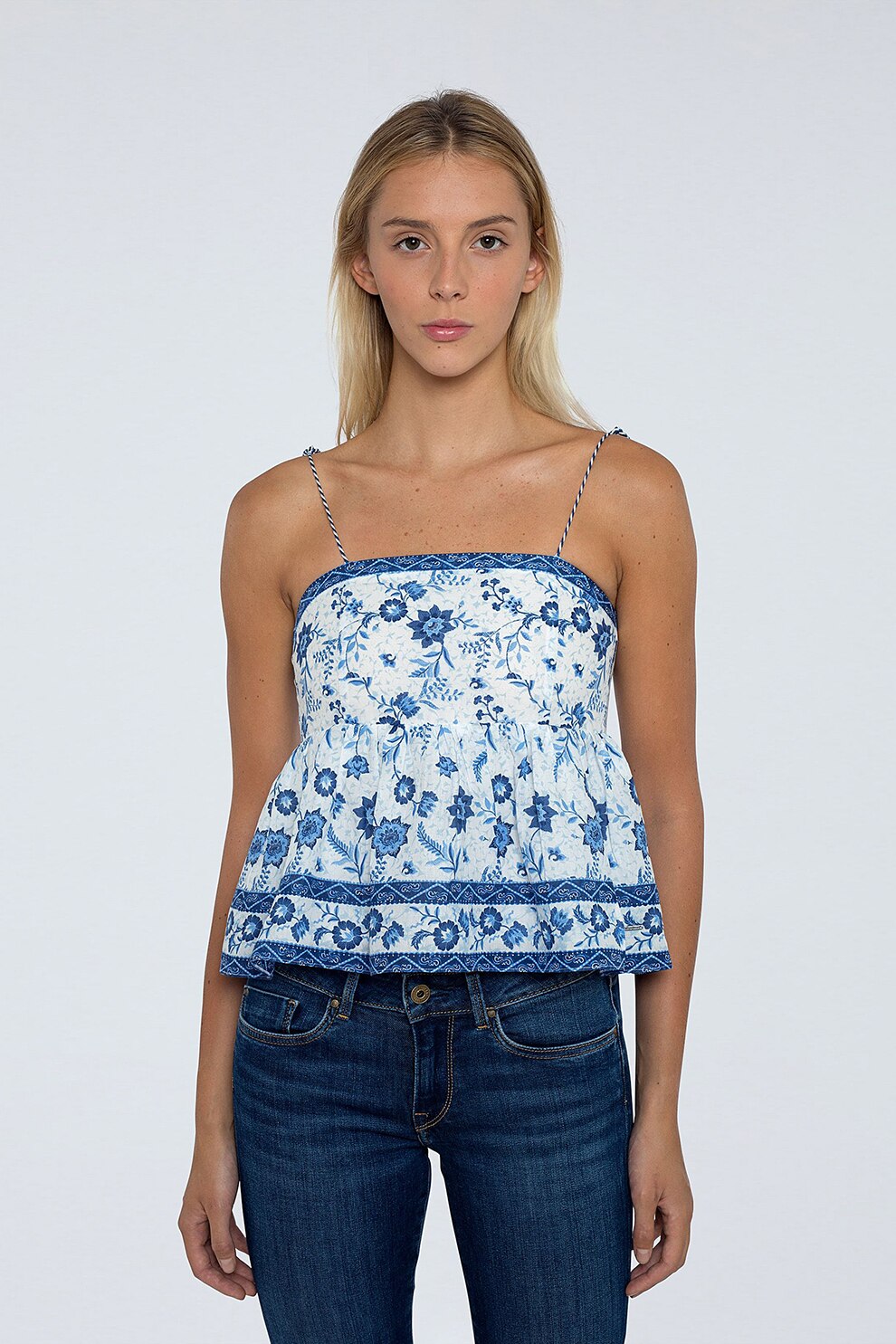 Pepe Jeans London, Bluza fara maneci, cu imprimeu floral, Alb/Albastru inchis