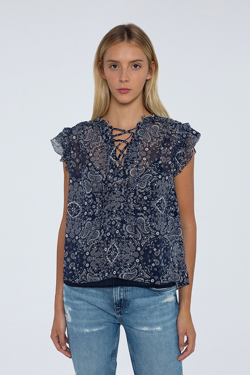 Pepe Jeans London, Bluza cu maneci scurte si imprimeu, Bleumarin/Alb