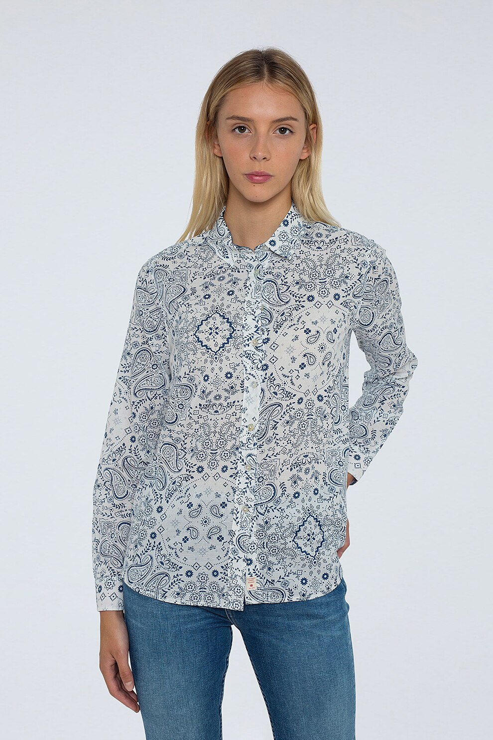 Pepe Jeans London, Camasa cu maneci lungi si imprimeu, Alb optic/albastru inchis