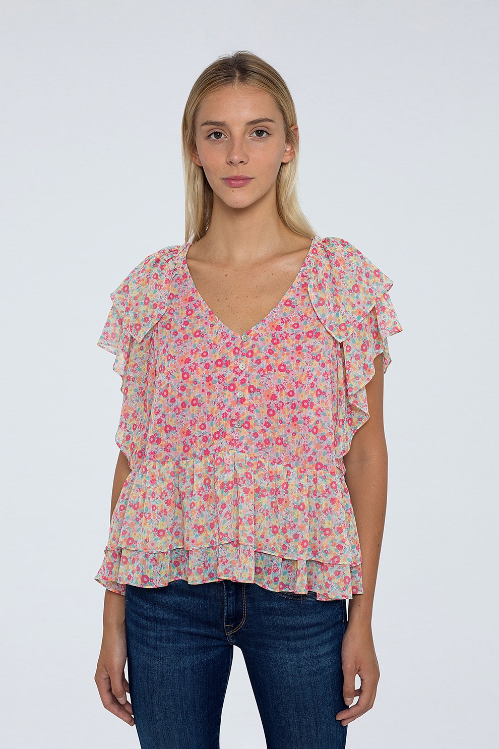 Pepe Jeans London, Camasa cu decolteu in V si imprimeu floral, Roz/Alb/Galben