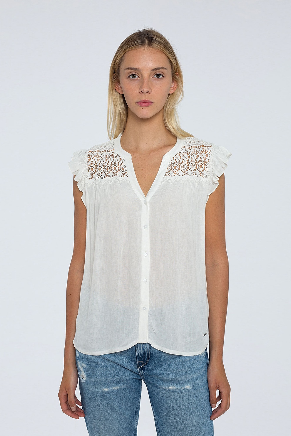 Pepe Jeans London, Camasa cu maneci scurte si detalii crosetate, Alb prafuit, S