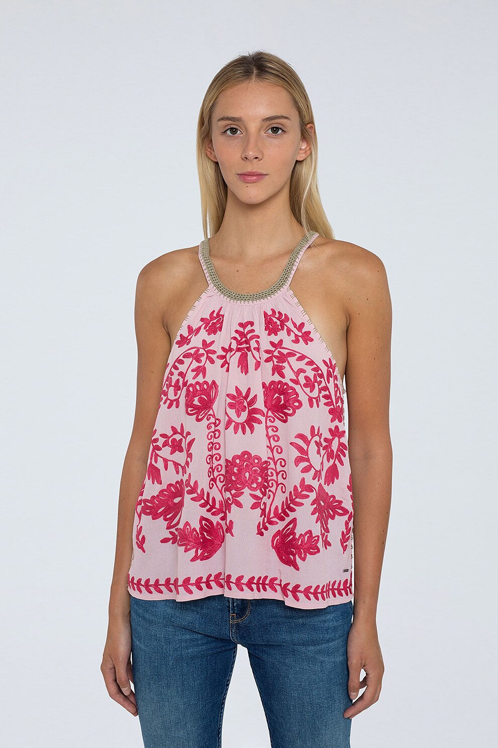 Pepe Jeans London, Bluza cu decolteu halter si broderii, Roz pastel/Roz aprins