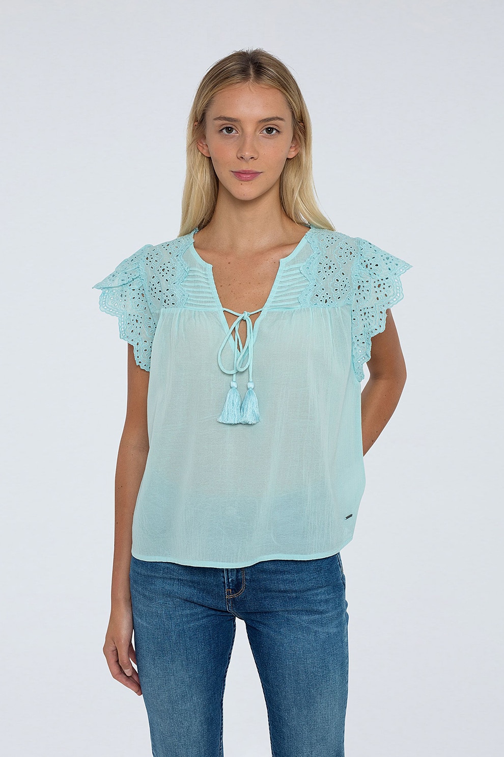 Pepe Jeans London, Bluza cu decolteu in V si maneci scurte, Albastru aqua