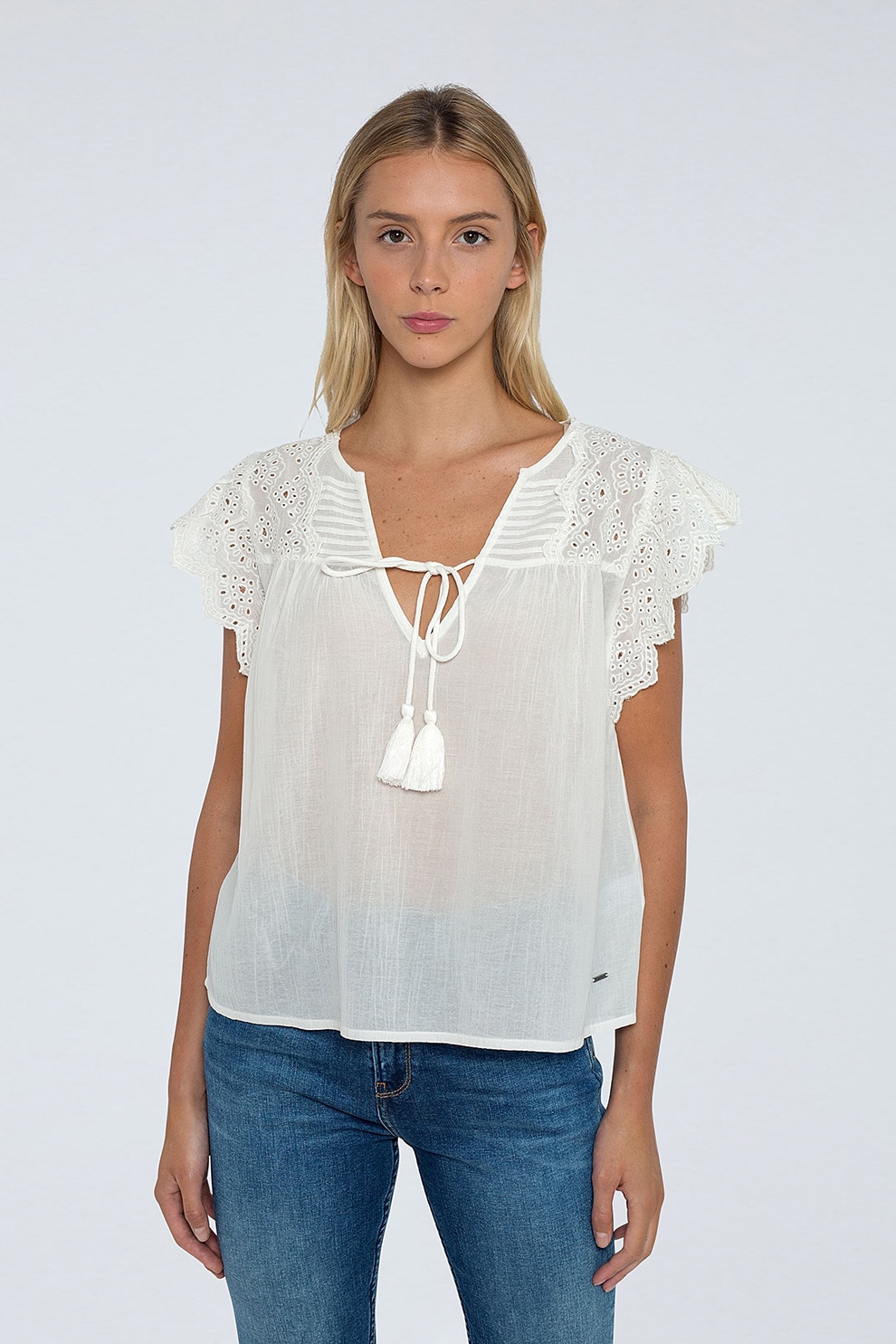 Pepe Jeans London, Bluza cu decolteu in V si maneci scurte, Alb