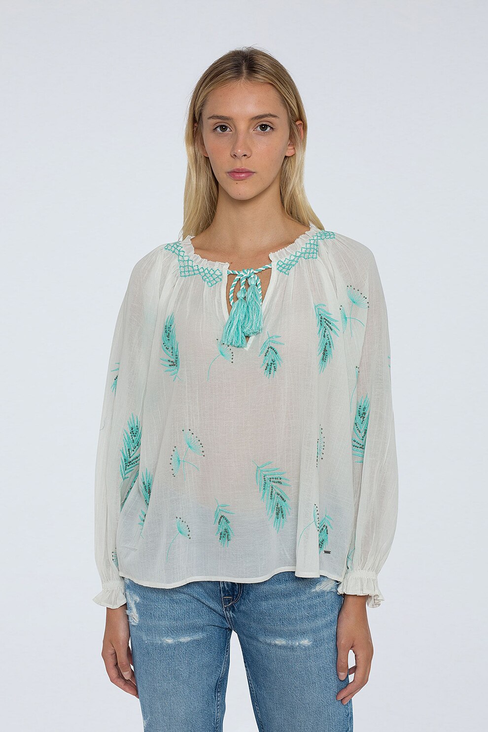 Pepe Jeans London, Bluza cu decolteu rotund si broderii, Alb/Turcoaz