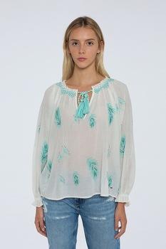 Pepe Jeans London, Bluza cu decolteu rotund si broderii, Alb/Turcoaz Pepe Jeans London, Bluza cu decolteu rotund si broderii, Alb/Turcoaz