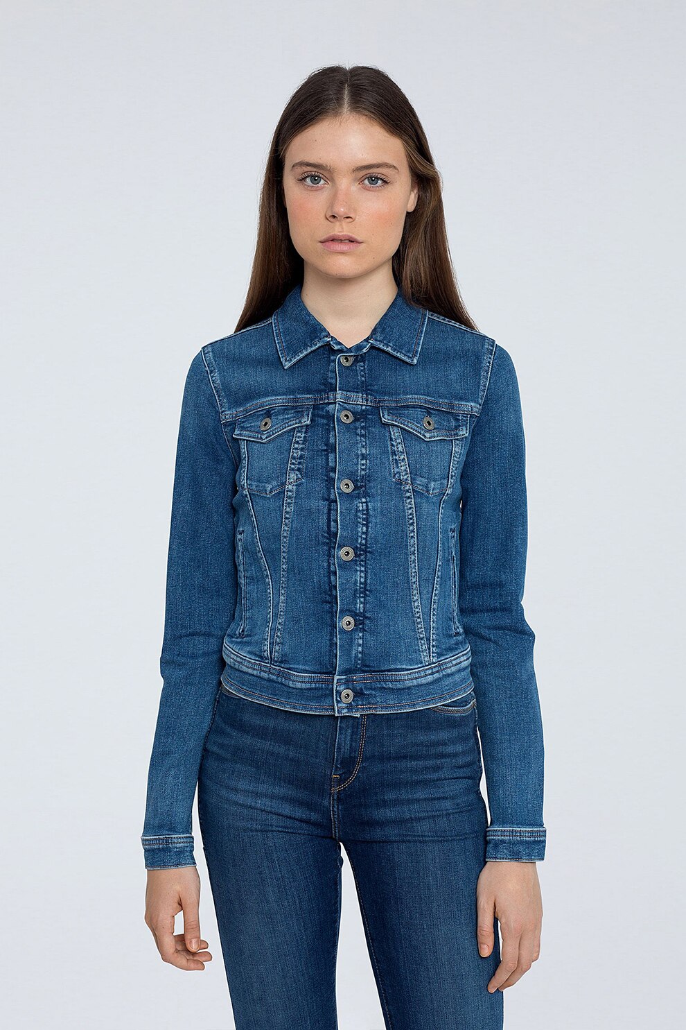 Pepe Jeans London, Jacheta din denim cu guler clasic, Albastru inchis