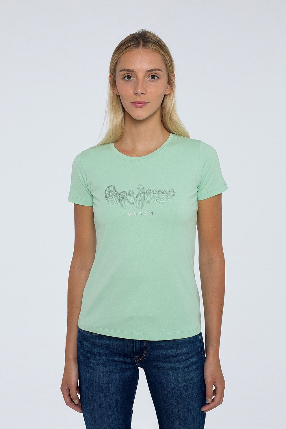 Pepe Jeans London, Tricou cu imprimeu logo metalizat Anna, Verde menta/Argintiu
