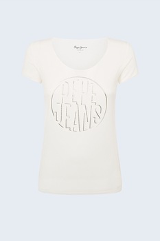 Pepe Jeans London, Tricou cu decolteu rotund si imprimeu logo, Crem Pepe Jeans London, Tricou cu decolteu rotund si imprimeu logo, Crem