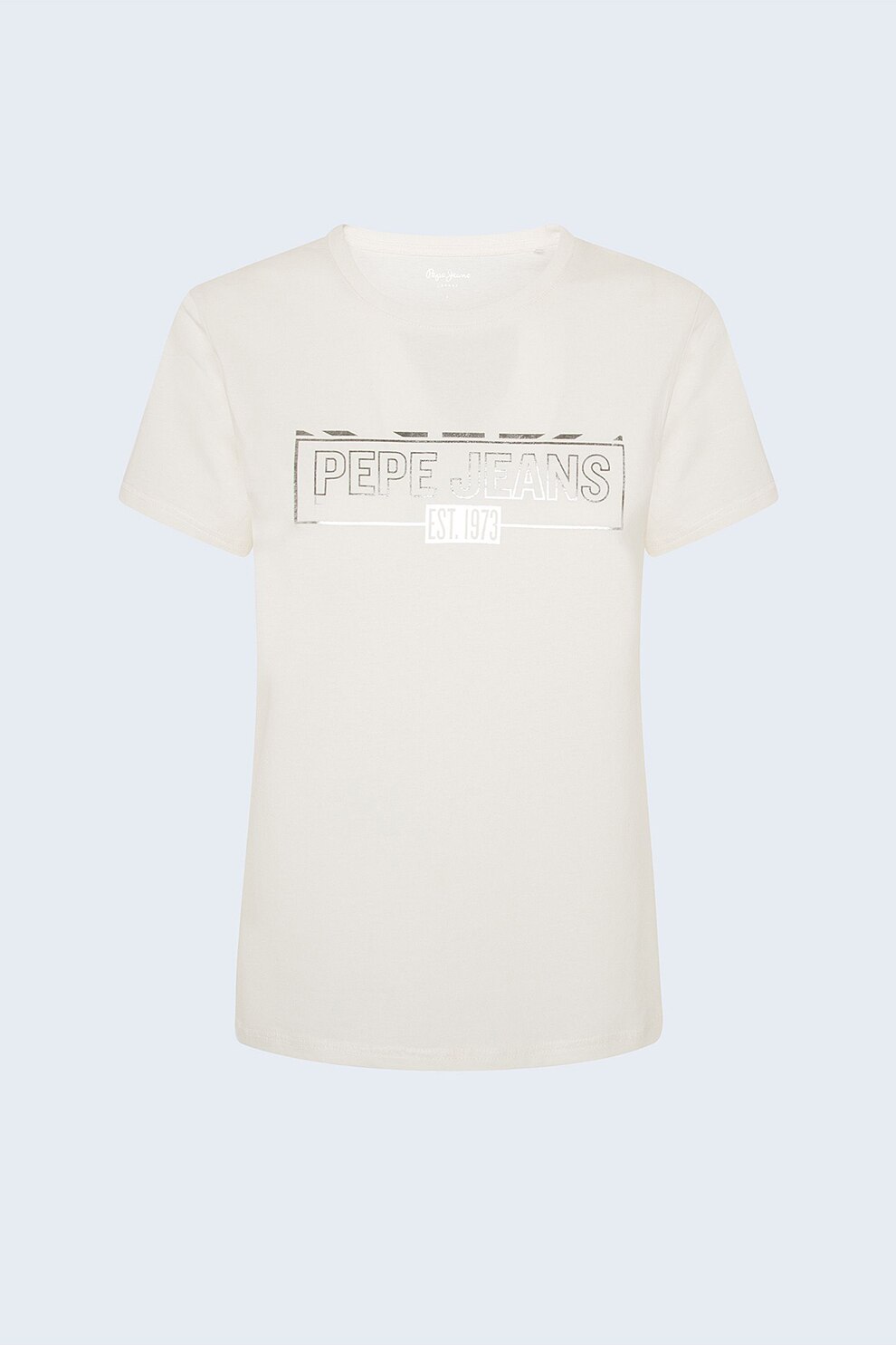 Pepe Jeans London, Tricou din amestec de bumbac, cu logo metalizat, Crem/Argintiu
