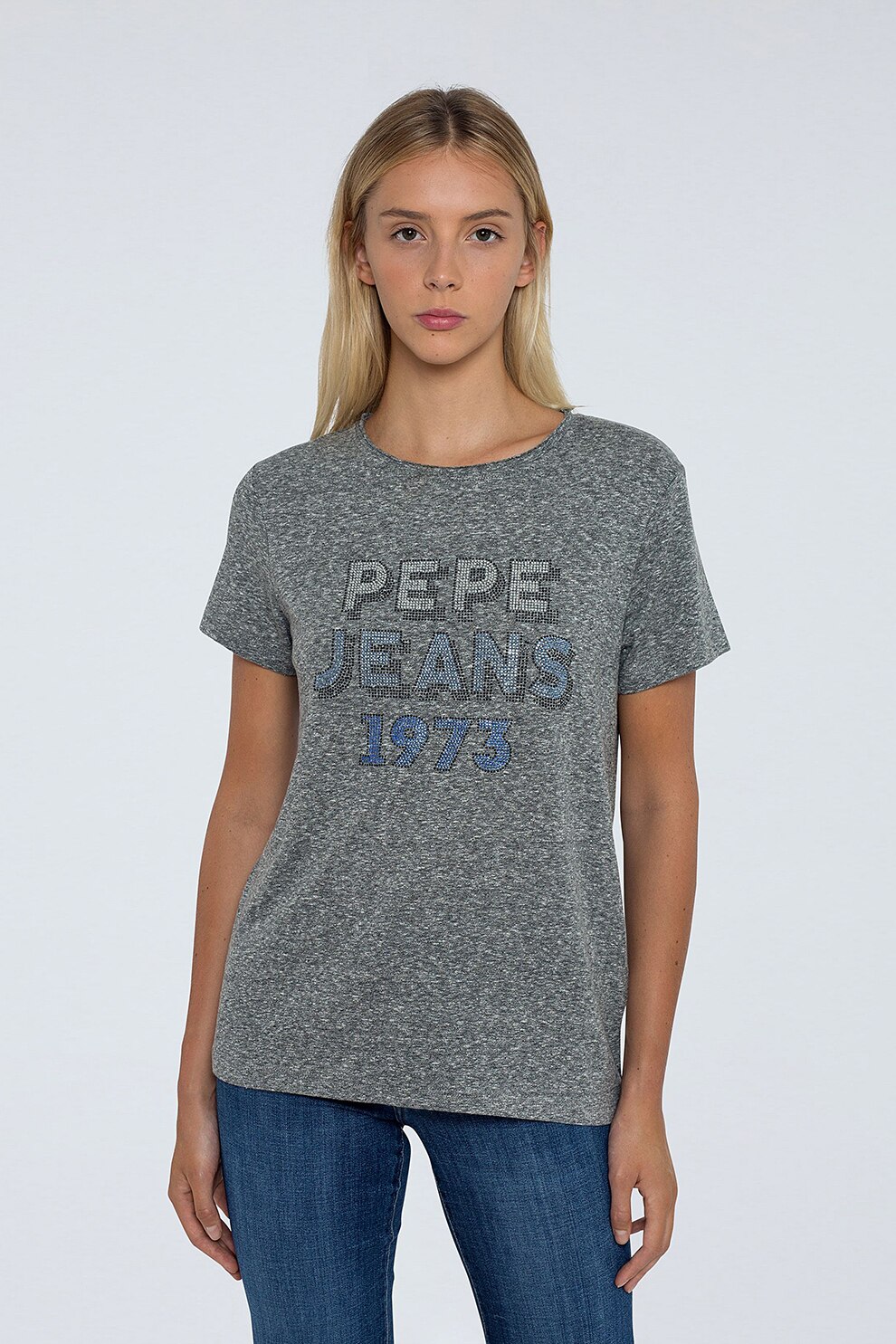 Pepe Jeans London, Tricou cu logo cu strasuri, Gri inchis melange/Albastru
