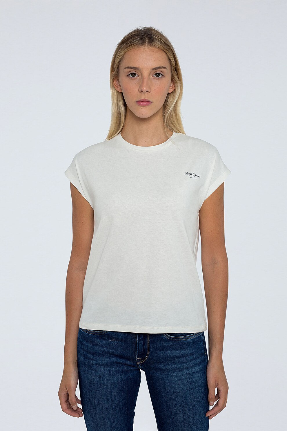 Pepe Jeans London, Tricou cu croiala lejera Bloom, Alb prafuit