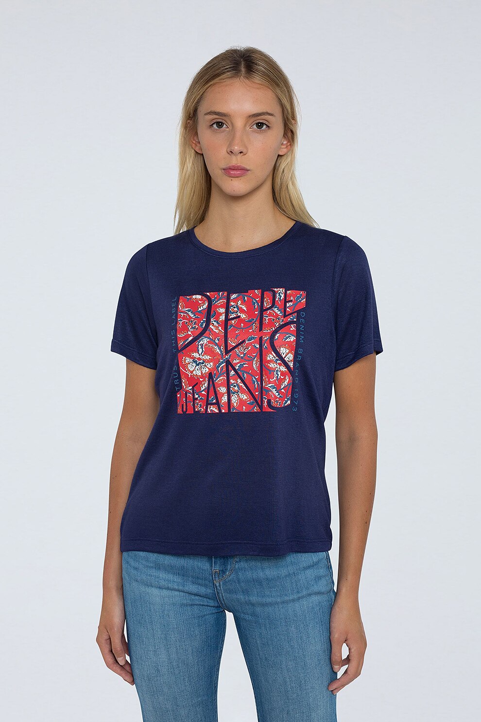 Pepe Jeans London, Tricou cu decolteu la baza gatului, Bleumarin/Rosu/Alb optic