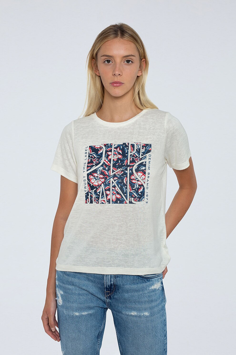 Pepe Jeans London, Tricou cu decolteu la baza gatului, Alb prafuit/Bleumarin.Roz