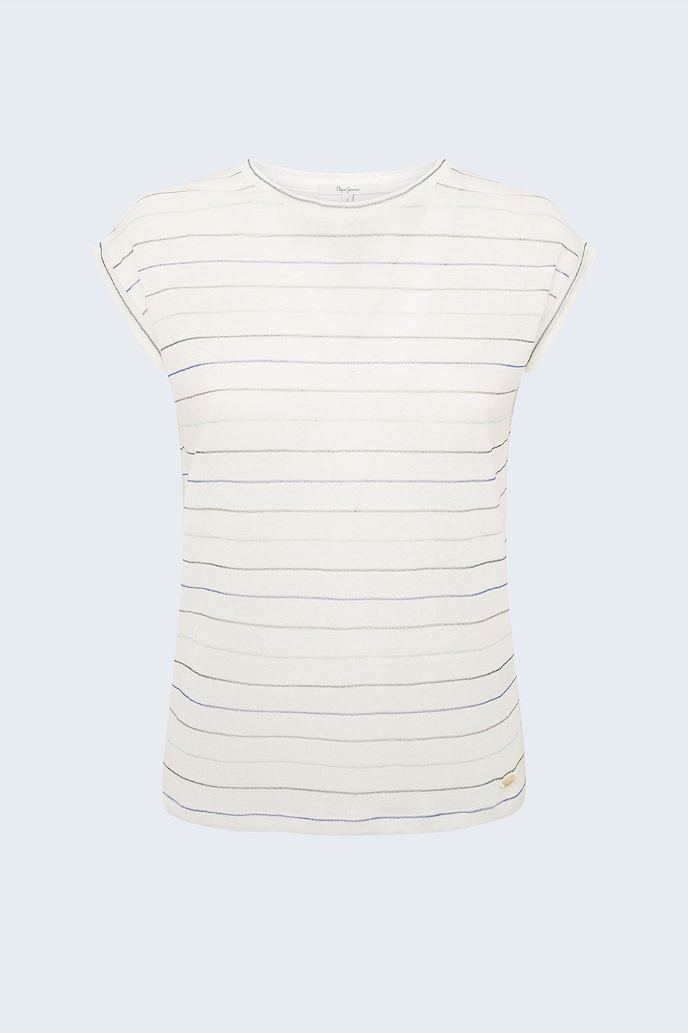 Pepe Jeans London, Tricou de in cu decolteu la baza gatului, Alb prafuit/Violet ametist/Gri