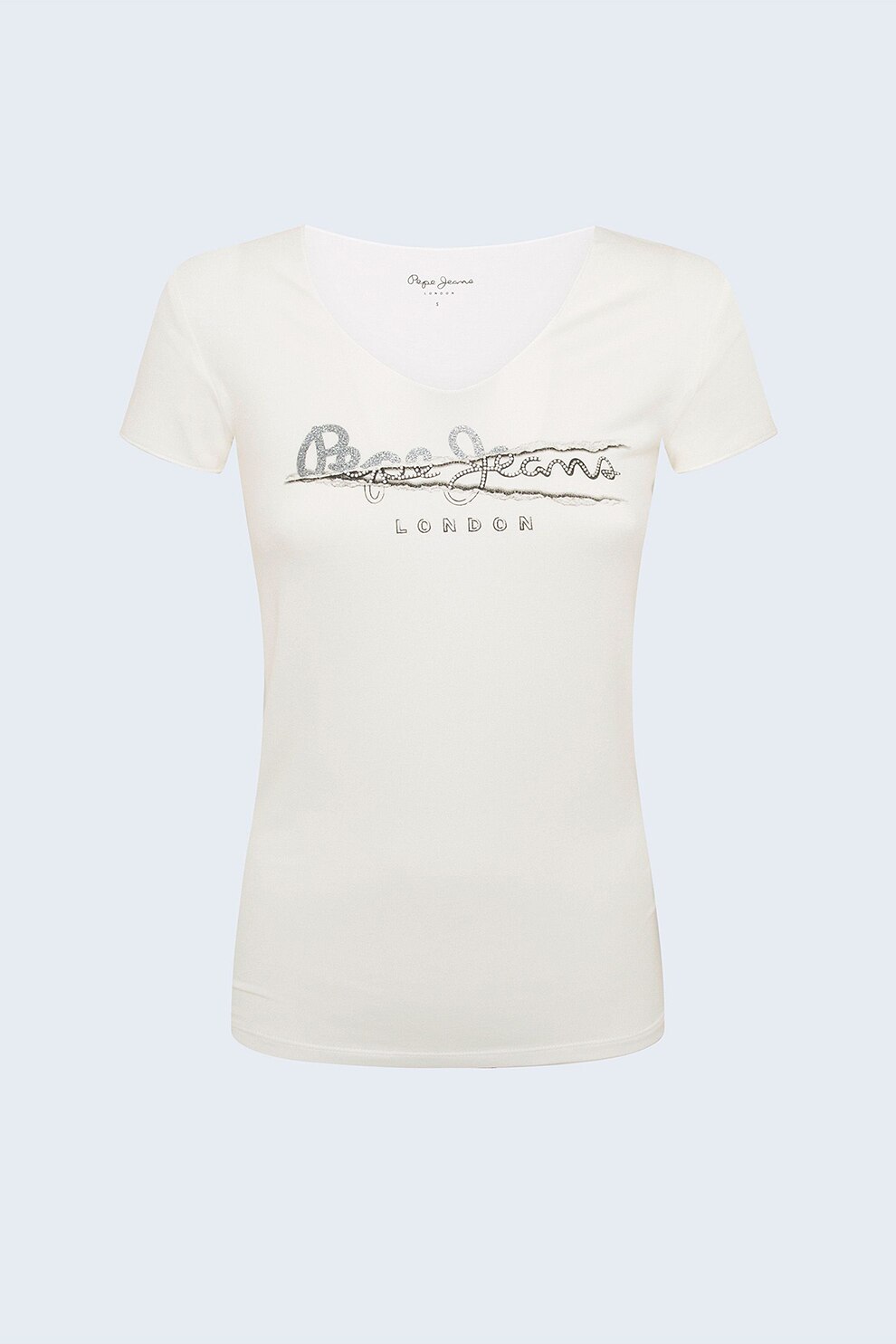 Pepe Jeans London, Tricou cu decolteu en-coeur si logo, Crem/Argintiu