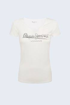Pepe Jeans London, Tricou cu decolteu en-coeur si logo, Crem/Argintiu Pepe Jeans London, Tricou cu decolteu en-coeur si logo, Crem/Argintiu