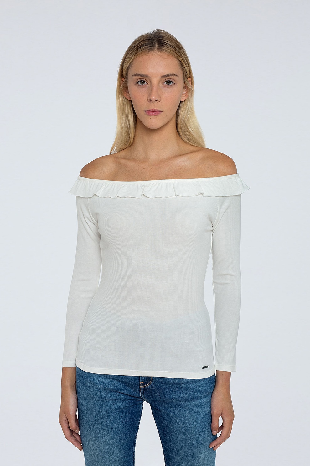 Pepe Jeans London, Bluza cu decolteu pe umeri, Alb
