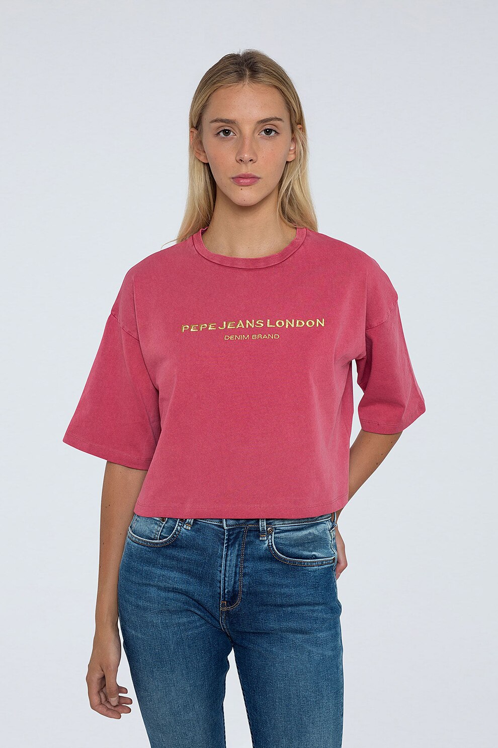 Pepe Jeans London, Tricou cu logo, Roz zmeuriu/Galben