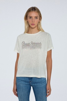 Pepe Jeans London, Tricou cu imprimeu logo, Crem/Galben/Rosu Pepe Jeans London, Tricou cu imprimeu logo, Crem/Galben/Rosu
