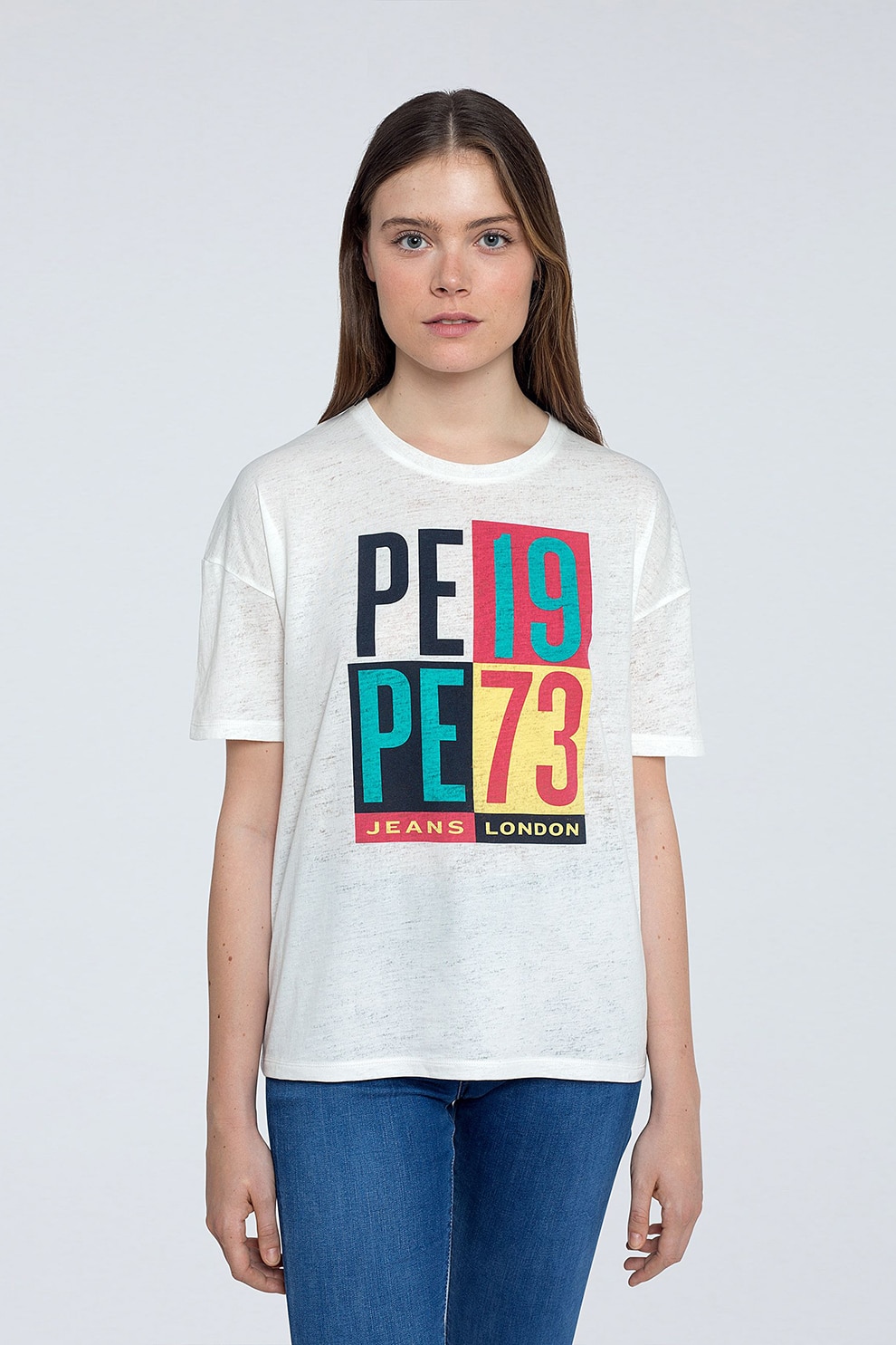 Pepe Jeans London, Tricou cu imprimeu logo, Alb optic/Negru/Rosu