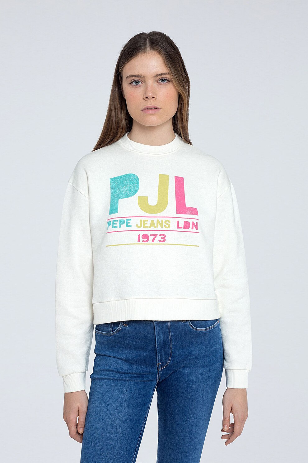 Pepe Jeans London, Bluza sport cu decolteu la baza gatului si imprimeu logo, Alb prafuit/Roz/Turcoaz