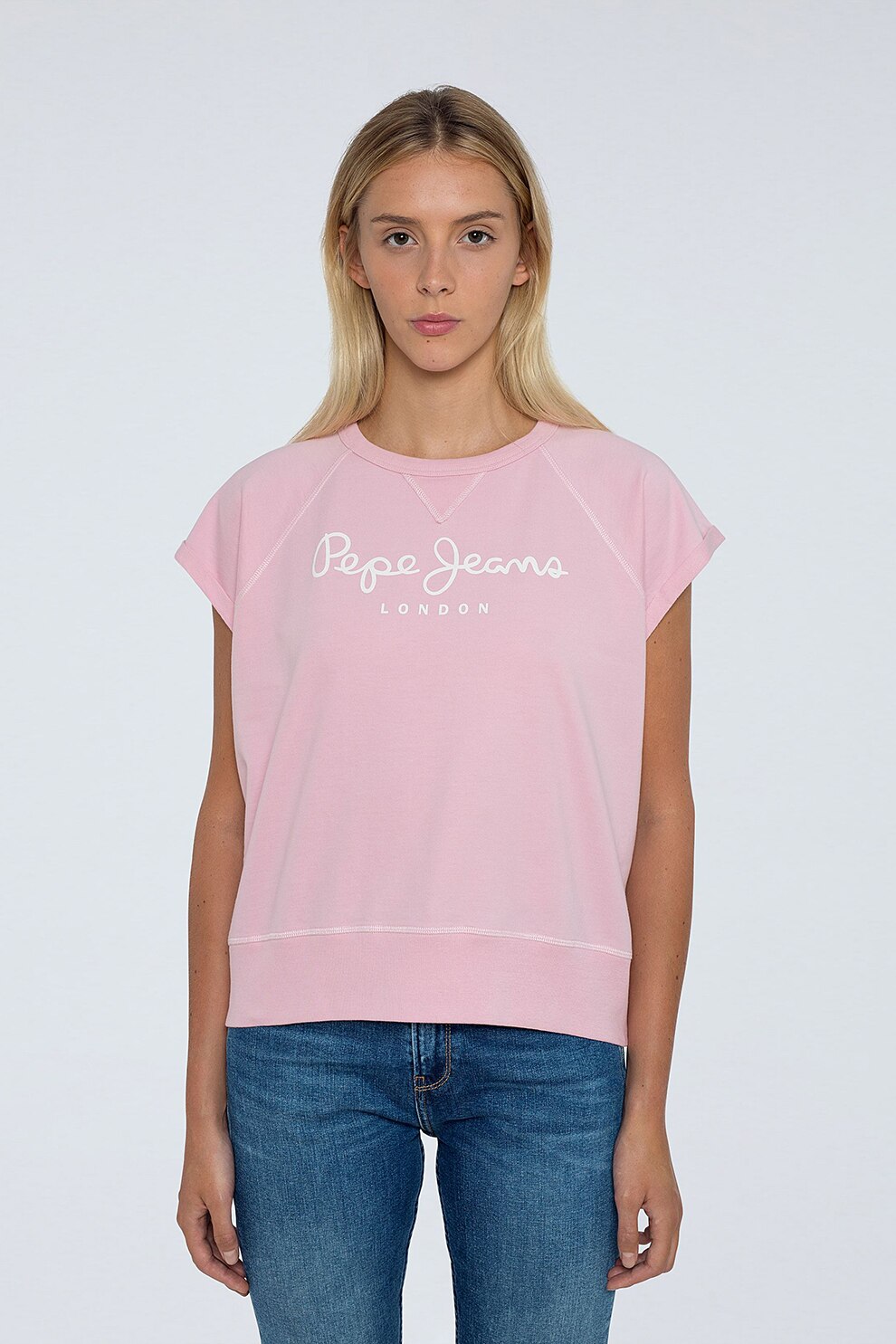 Pepe Jeans London, Tricou cu imprimeu logo, Roz/Alb