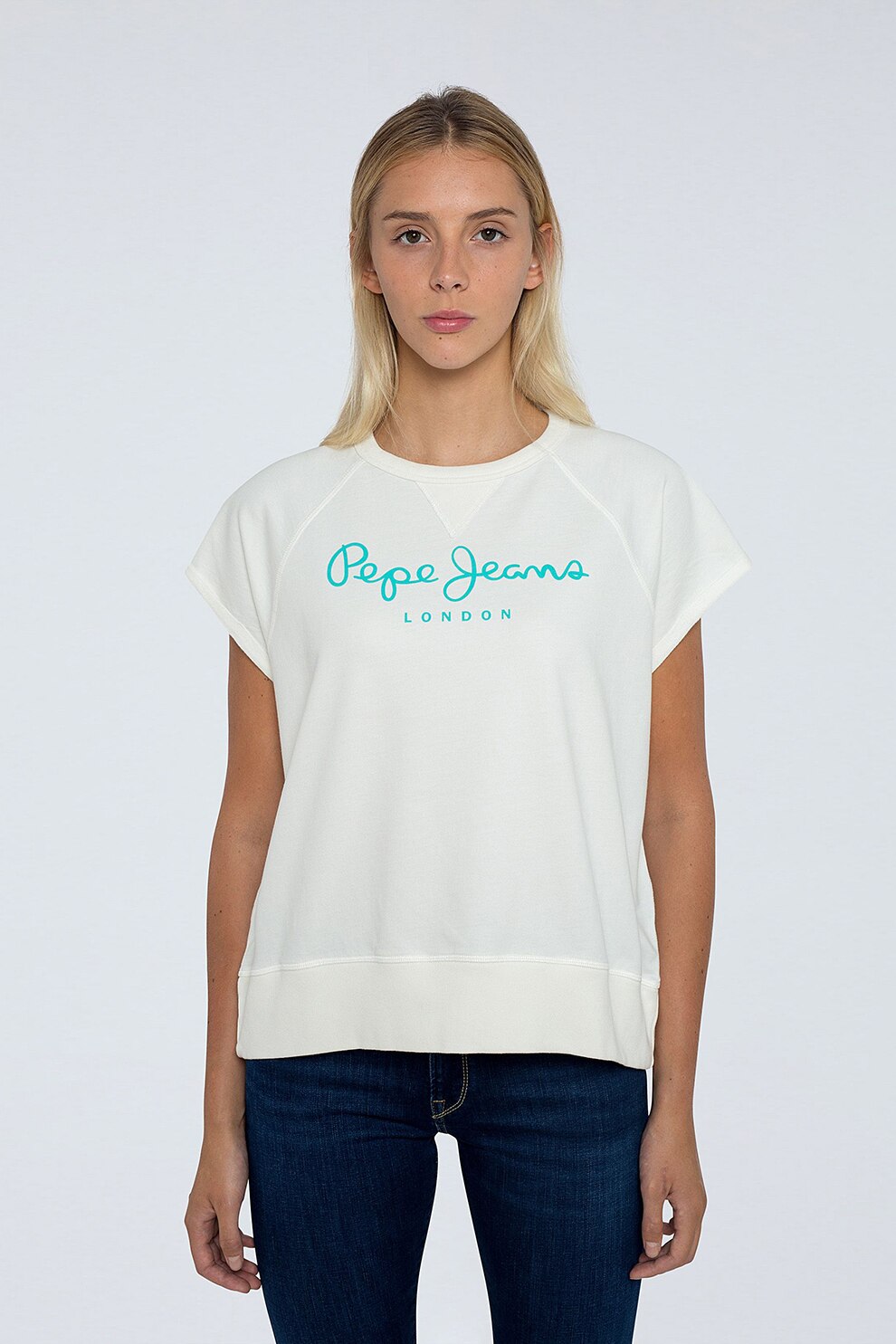 Pepe Jeans London, Tricou cu imprimeu logo, Alv prafuit/Albatru aquamarin