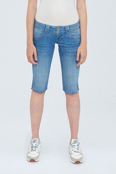 Pepe Jeans London, Pantaloni 3/4 din denim, Albastru/Alb optic Pepe Jeans London, Pantaloni 3/4 din denim, Albastru/Alb optic