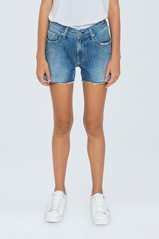 Pepe Jeans London, Pantaloni scurti din denim, cu aspect decolorat, Bleumarin/Alb optic Pepe Jeans London, Pantaloni scurti din denim, cu aspect decolorat, Bleumarin/Alb optic