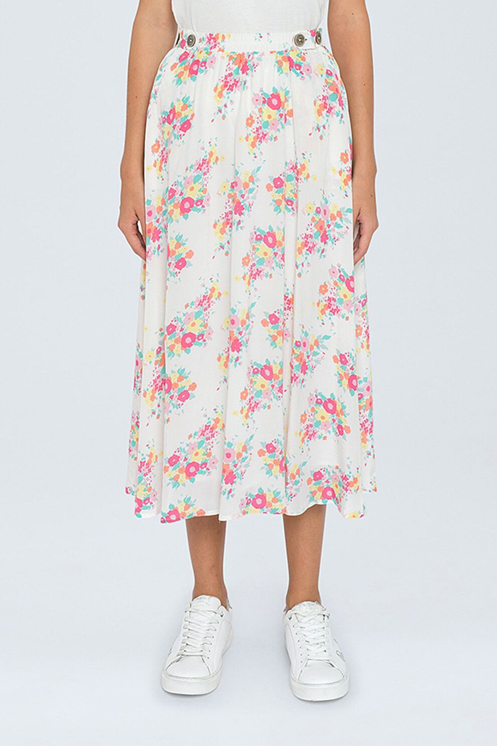 Pepe Jeans London, Fusta midi evazata cu imprimeu floral, Alb/Roz/Galben