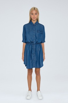 Pepe Jeans London, Edan Rochie tip camasa din chambray cu buzunar pe piept, Albastru inchis Pepe Jeans London, Edan Rochie tip camasa din chambray cu buzunar pe piept, Albastru inchis