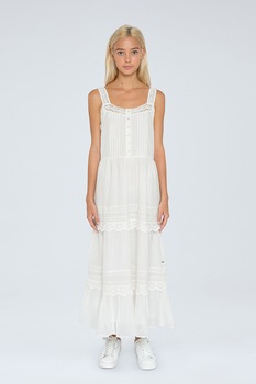Pepe Jeans London, Rochie midi evazata cu insertii brodate, Alb prafuit, XS Pepe Jeans London, Rochie midi evazata cu insertii brodate, Alb prafuit, XS