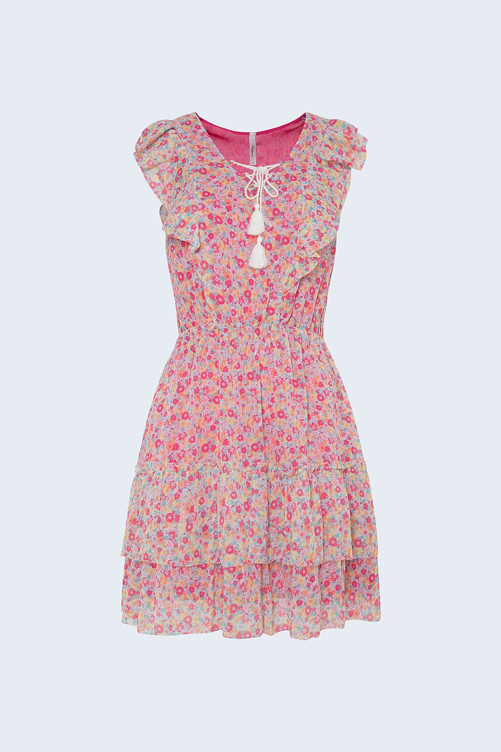 Pepe Jeans London, Rochie evazata cu imprimeu floral, Fucsia/Galben/Albastru, XL