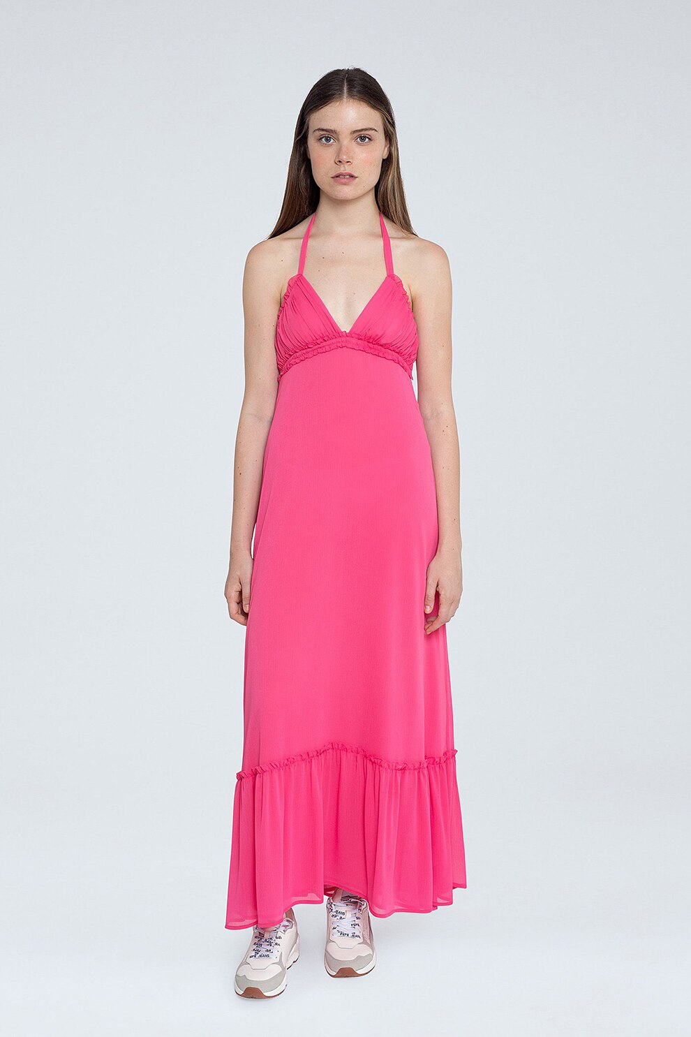Pepe Jeans London, Rochie maxi cu terminatie cu volane, Fucsia