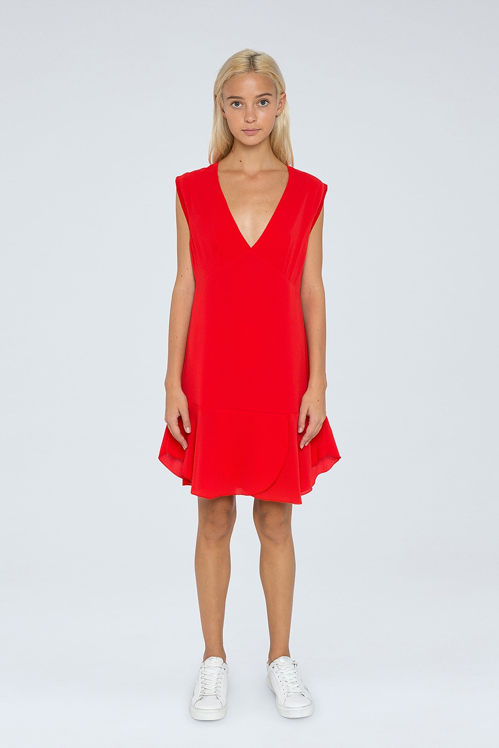 Pepe Jeans London, Rochie mini evazata cu decolteu adanc in V, Rosu, M