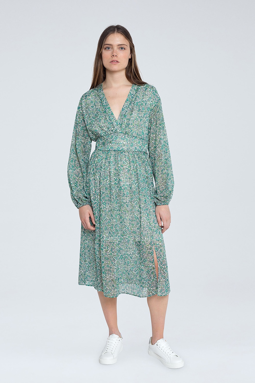 Pepe Jeans London, Rochie evazata cu imprimeu floral, Verde/Alb