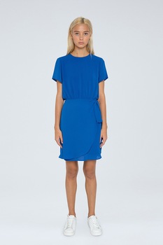 Pepe Jeans London, Rochie mini cu banda marcata in talie, Albastru royal Pepe Jeans London, Rochie mini cu banda marcata in talie, Albastru royal