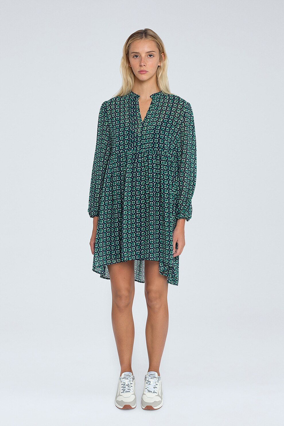Pepe Jeans London, Rochie lejera cu imprimeu si terminatie asimetrica, Verde/Bleumarin/Alb