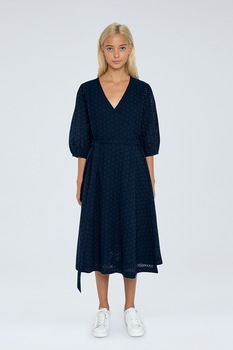 Pepe Jeans London, Rochie evazata cu decolteu in V si maneci bufante, Bleumarin inchis Pepe Jeans London, Rochie evazata cu decolteu in V si maneci bufante, Bleumarin inchis