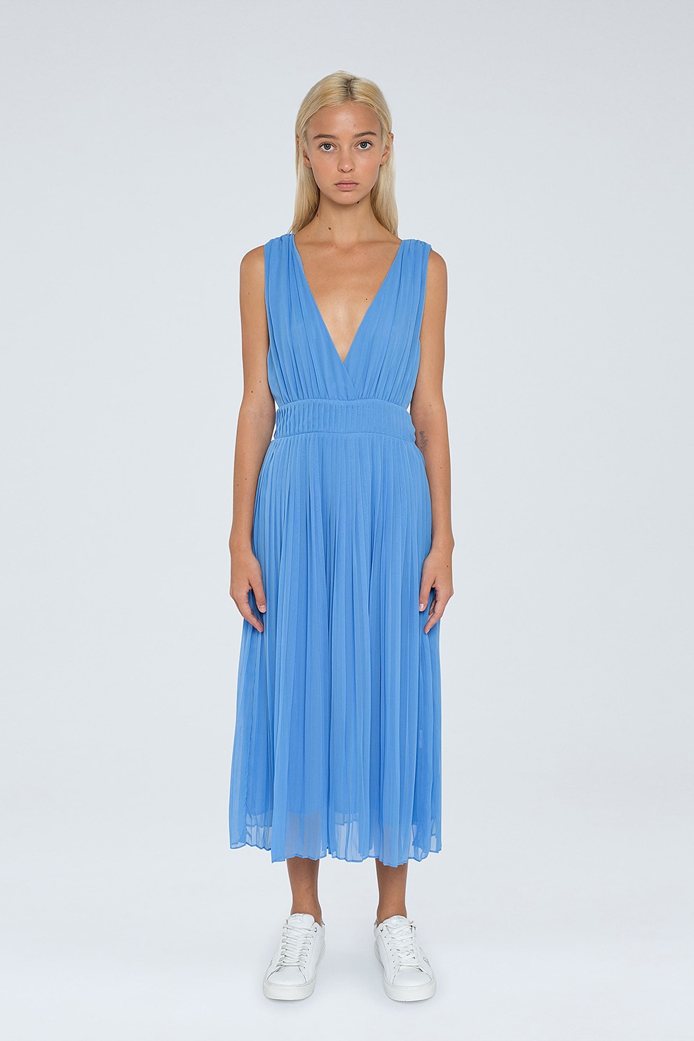 Pepe Jeans London, Rochie midi plisata cu decolteu adanc in V, Albastru lavanda