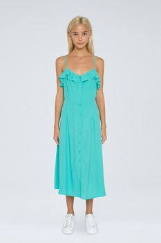 Pepe Jeans London, Rochie midi cu volane, Turcoaz Pepe Jeans London, Rochie midi cu volane, Turcoaz