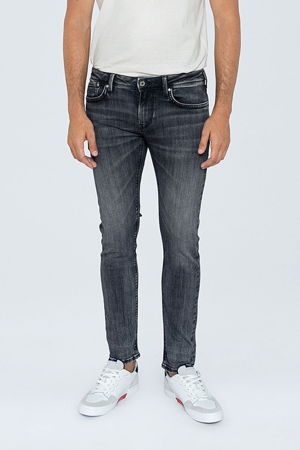 Pepe Jeans London, Blugi cu croiala conica si aspect decolorat, Negru/Alb prafuit, W33-L32