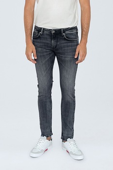 Pepe Jeans London, Blugi cu croiala conica si aspect decolorat, Negru/Alb prafuit, W33-L32 Pepe Jeans London, Blugi cu croiala conica si aspect decolorat, Negru/Alb prafuit, W33-L32